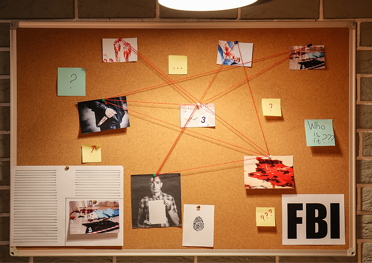 FBI corkboard with red string going from image to image