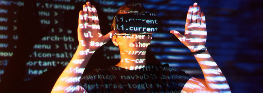 double exposure caucasian man virtual reality vr headset is presumably gamer hacker cracking code into secure network server with lines code
